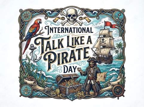 International talk like a pirate day illustration with a pirate, treasure chest, ship, and parrot, isolated on white background
