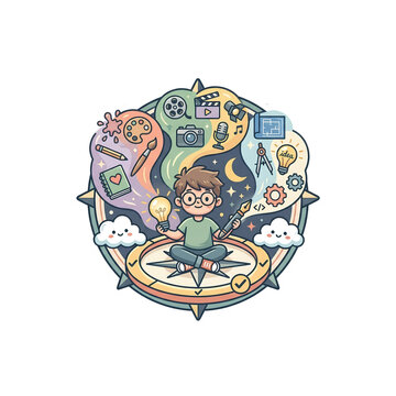 Creative Flow and Inspiration Concept Boy Creator with Idea Bulb Art Tools and Compass Flat Vector Sticker