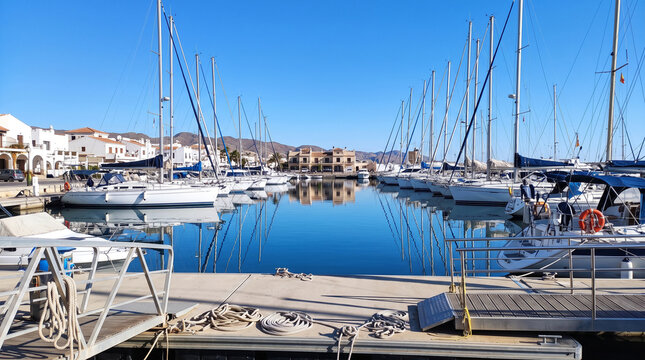 Sailboats docked at marina with calm water and clear blue sky