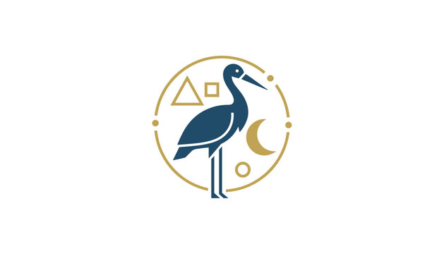 Celestial logo depicting a stork silhouette inside a gold circle with a crescent moon, triangle, and geometric shapes.