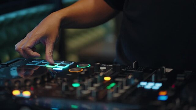 DJ practicing music mixing on a professional controller in a studio, learning electronic music techniques and exploring digital audio equipment