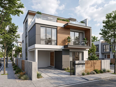 Minimalist modern duplex home exterior with white walls, wood accents and garage
