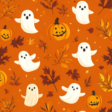 Halloween pattern with ghosts, pumpkins, and autumn leaves on orange background