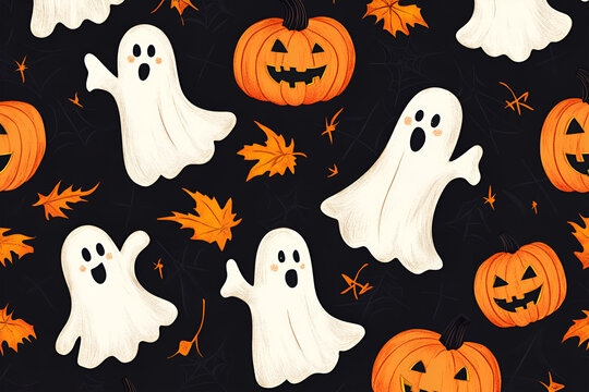Halloween illustration with ghosts and pumpkins on a dark background