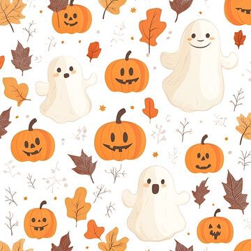 Halloween-themed illustration with pumpkins and ghosts on white background