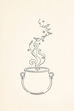 Line art illustration of a cauldron with steam and stars above it