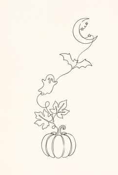 Halloween illustration featuring ghost, pumpkin, bats, and crescent moon