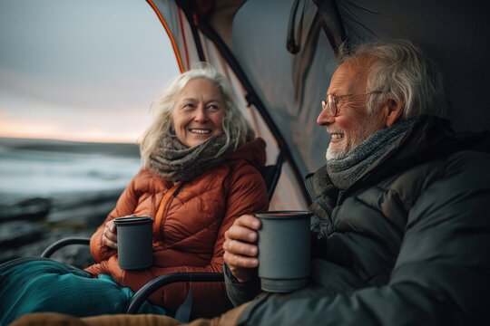 Older couple with warm drinks outside emergency tent on rocky coastline
