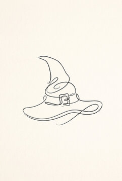 Minimalist line drawing of a witch hat on a light background