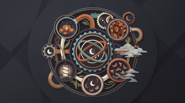 Steampunk Clockwork Machine with Autumn Halloween Scenes Layered Papercraft Illustration