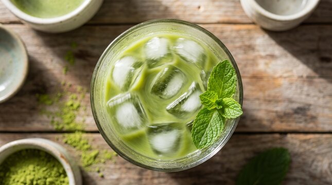 Iced matcha latte with mint garnish, served in a glass on a rustic wooden table with matcha powder and other drinks.