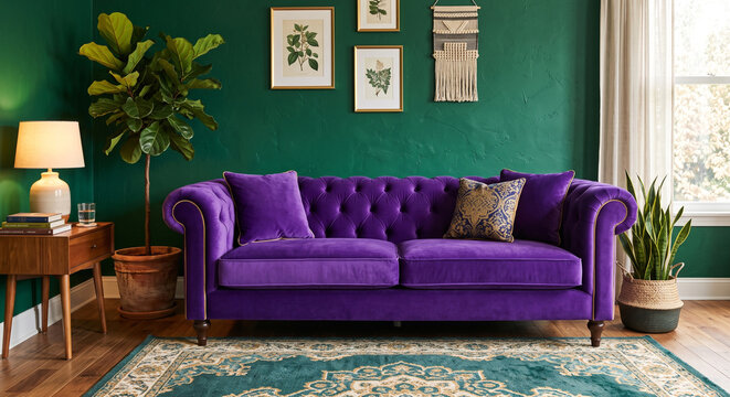 Purple velvet sofa with decorative pillows in modern living room setting