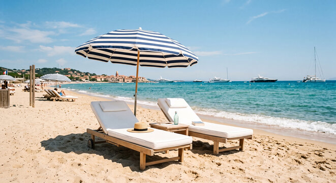 Beach loungers with striped umbrella on sandy shore near turquoise water