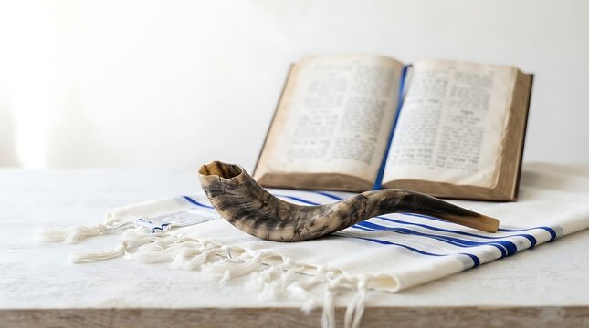 A shofar horn resting on a tallit prayer shawl with an open prayer book in the background, symbolizing jewish religious traditions and high holy days
