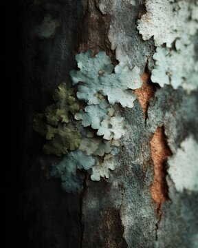 Rough tree bark with deep crevices and lichen patch, showing a gritty organic texture and cool damp forest atmosphere