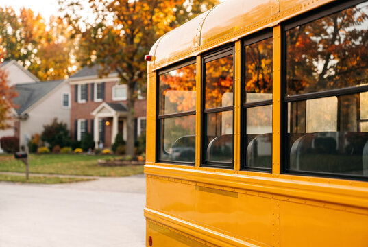 Yellow school bus parked on residential street with autumn foliage nearby