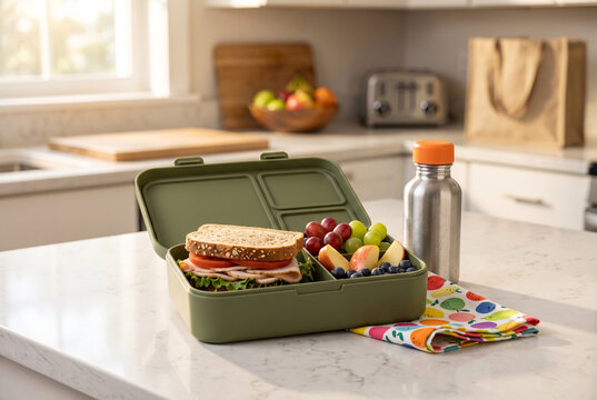 Lunchbox with sandwich, fruits, and water bottle on kitchen countertop