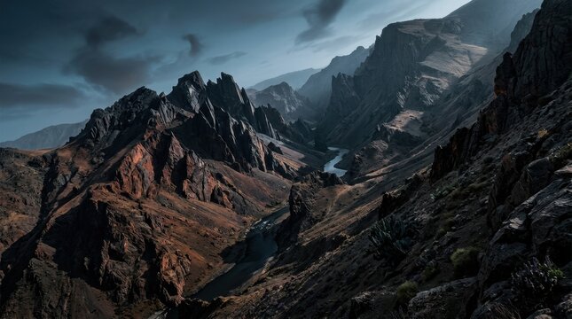 Majestic Rocky Mountain Range with a Winding River in a Deep Dramatic Valley at Twilight Sunset