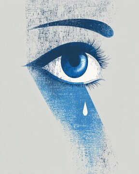 Stylized blue eye with single tear dropping, conveying concepts of sadness, grief, and emotional distress. Textured illustration
