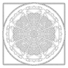 Fototapeta premium Detailed vector line art of a circular armored emblem with a chain link square border and scaled textures for fantasy game assets or concept art