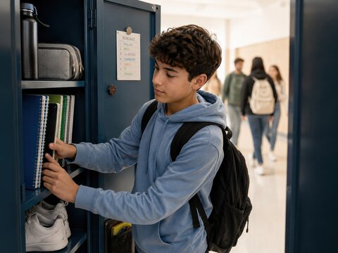Teen boy organizing books and supplies inside his school locker