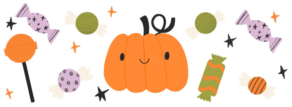 Halloween cute smiling pumpkin jack o lantern and trick or treat candy sweets vector illustration set collection png for spooky fall party invitation autumn October pumpkins symbols icons