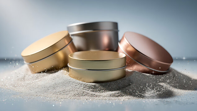 Luxury skincare cream jars with metallic finishes on reflective surface