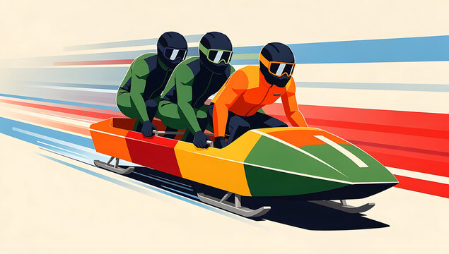 Small team racing a bobsled on ice track in competitive sport
