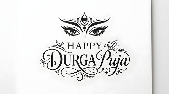 Happy durga puja calligraphy design with artistic eyes, isolated on white background