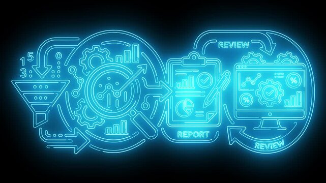 Neon blue circular analytical engine inspecting detailed financial report document charts and data metrics