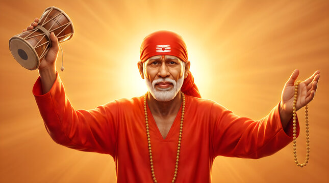 Portrait of shirdi sai baba with hands raised in blessing against a glowing golden spiritual background