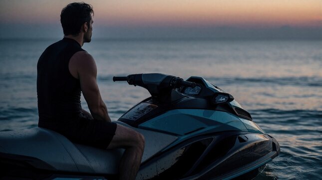 Tired man sits on jet ski at ocean during sunset. Exhausted male athlete rests on watercraft looking at horizon. Sporty person feels calm after intense ride on sea. Evening twilight atmosphere with
