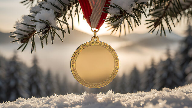 Close-up of Christmas ornament hanging on pine branch in winter scene