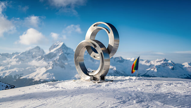 Cinematic Photorealistic Winter Landscape with Mountain Peaks and Sculpture