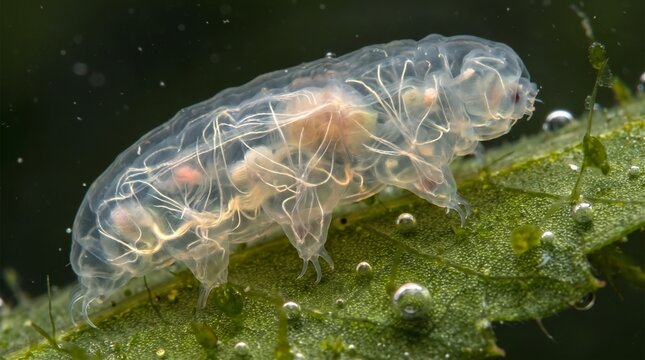 A close-up view of a translucent tardigrade, also known as a water bear, crawling on a green leaf with water droplets.