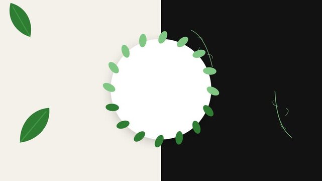 Minimalist nature-themed background with a central white circle and green leaves