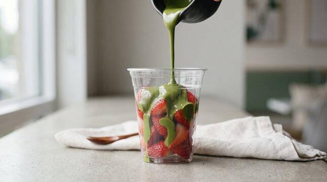 Green matcha smoothie being poured over fresh red strawberries in a clear plastic cup on a kitchen counter.