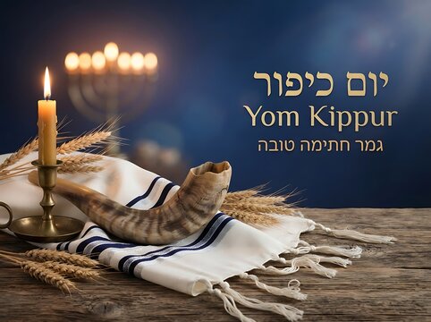 Yom kippur greeting card with a shofar, tallit, and a lit candle on a wooden table