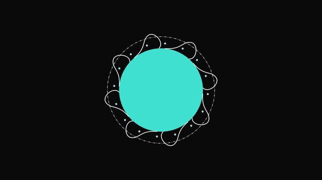 Minimalist teal circle with abstract white decorative lines on a black background.