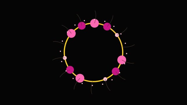 Animated circular frame with glowing pink cherry elements on black background.