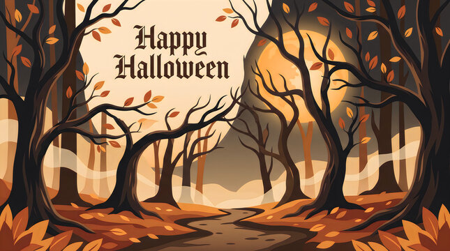 A festive and spooky halloween background featuring a large full moon behind dark silhouette trees in a misty autumn forest