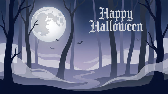 A spooky and atmospheric halloween background featuring a glowing full moon over a dark misty forest with festive holiday text