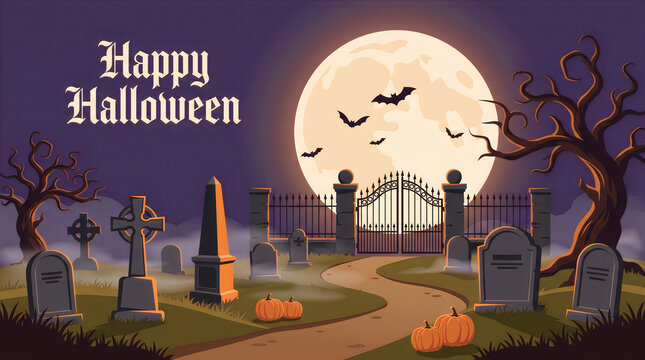 A spooky graveyard scene featuring a large full moon and flying bats creates the perfect festive halloween background for celebrations