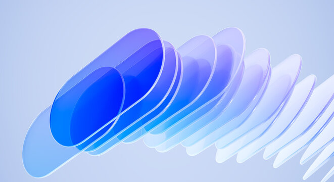 3D Render of Abstract Blue Glass Discs Floating in Curved Spiral Formation with Gradient Transparency on Light Background