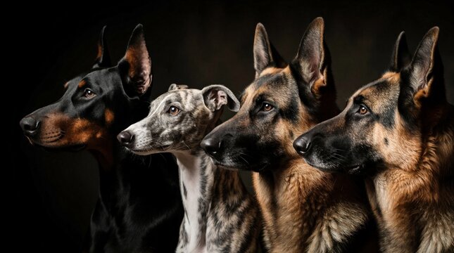 Three different dogs look sideways in profile. Doberman, whippet, German Shepherd pets pose against black background. Group of purebred animals with serious faces show loyalty, strength. Majestic