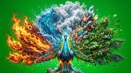 Obraz premium Peacock with elemental tail feathers representing fire water earth and air on green background