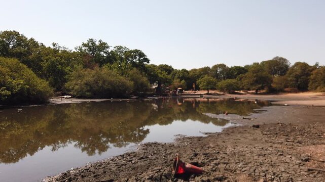 LEYTON, LONDON, UK - AUGUST 2026: The shrunken waters and exposed muddy shoreline of Hollow Ponds boating lake during England's worst drought, with waterfowl on the last remaining shallow water.