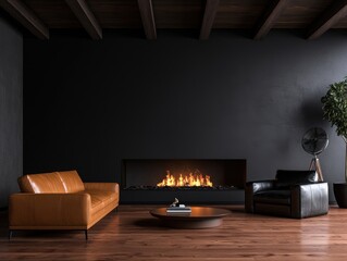 Fototapeta premium Modern luxury living room interior with a black wall, fireplace, leather sofa, armchair, and wooden floor, elegant dark moody home decor design