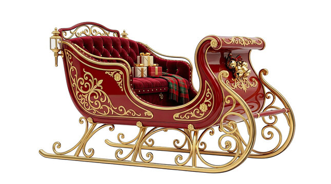 A beautifully detailed ornate red and gold christmas sleigh complete with gifts presented as an isolated object on isolated on transparent background