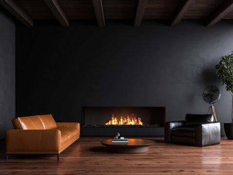 Modern luxury living room interior with a black wall, fireplace, leather sofa, armchair, and wooden floor, elegant dark moody home decor design